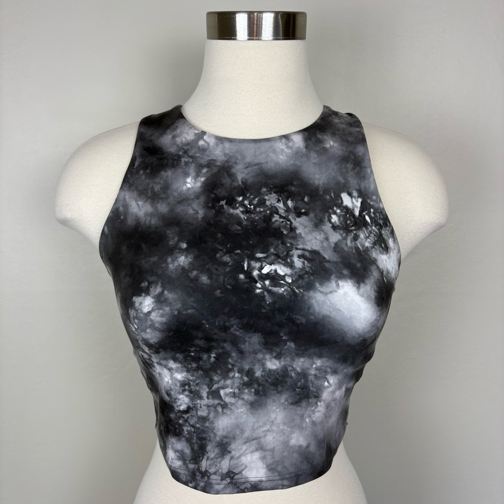 Athleta Conscious Crop Bra Size Small Black Gray Marble Print Sports Activewear